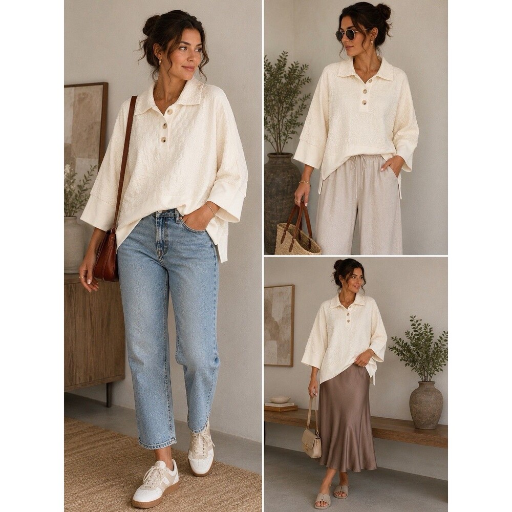 JODIFL Women Medium Ivory Textured Henley Pullover Collared 3/4 Sleeve Boxy Top